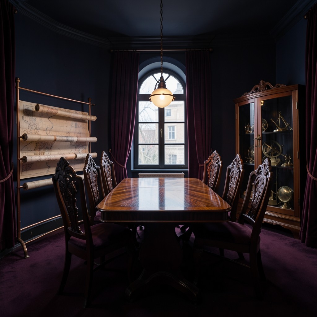 The empty Anyang study room with velvet curtains, lacquered wood, and a copper lamp