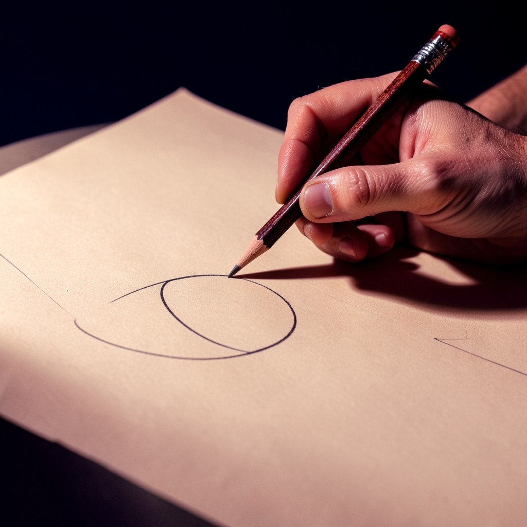 Hands holding a graphite pencil above a broad unmarked monthly chart on dark wood
