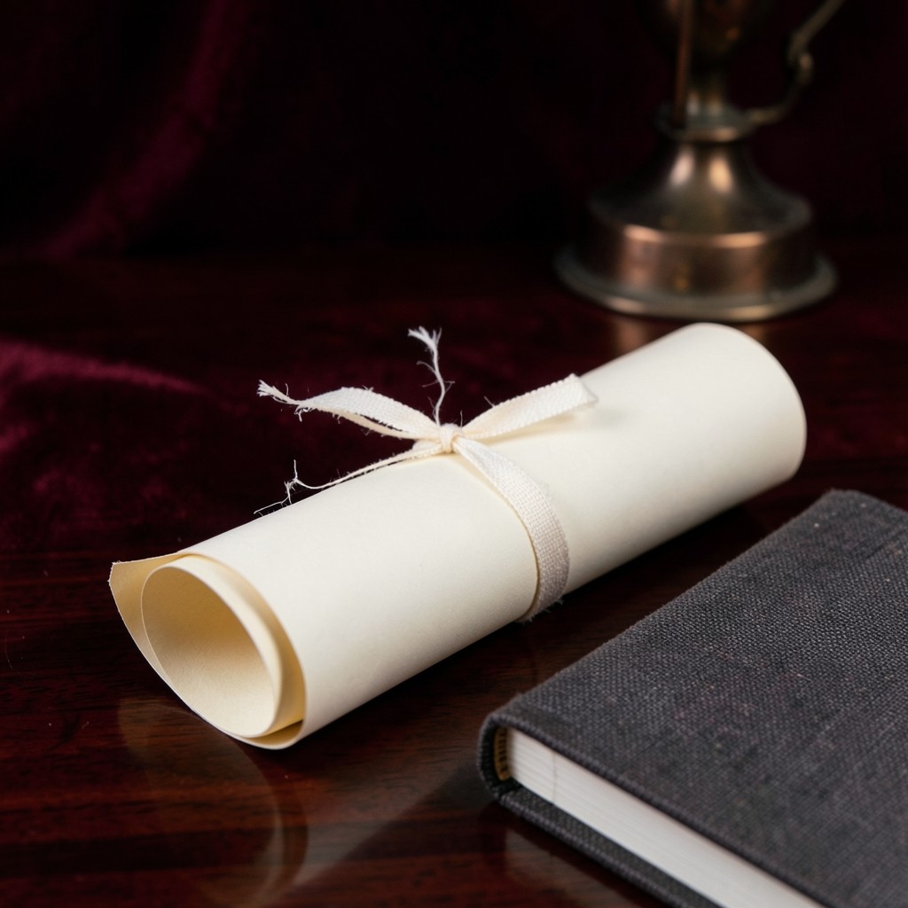 A rolled paper chart and a cloth notebook on lacquered wood with burgundy velvet in the background