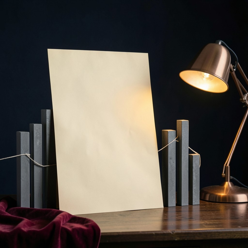 A dark wood desk with a tall paper sheet of vertical volume marks beside a monthly price curve