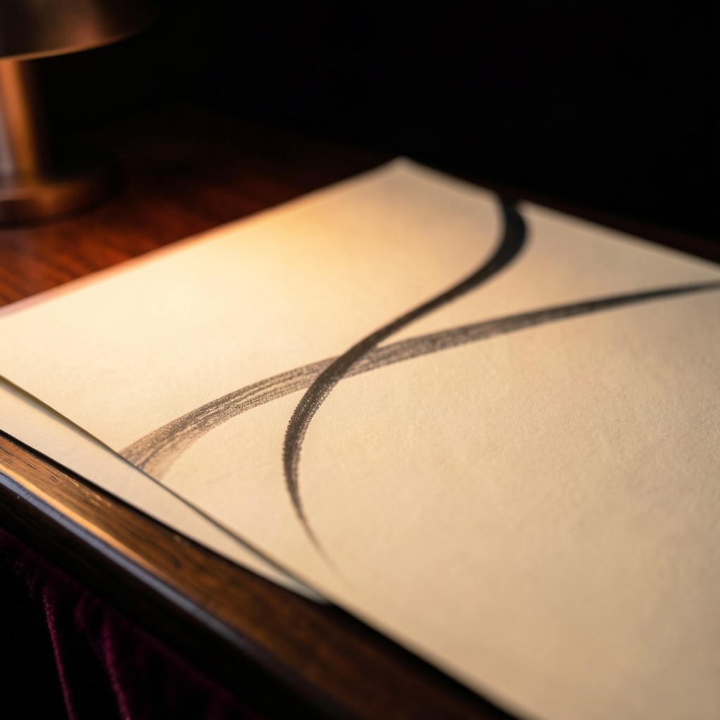 A wide paper chart with a few graphite curves on warm ivory paper, lit by a copper lamp