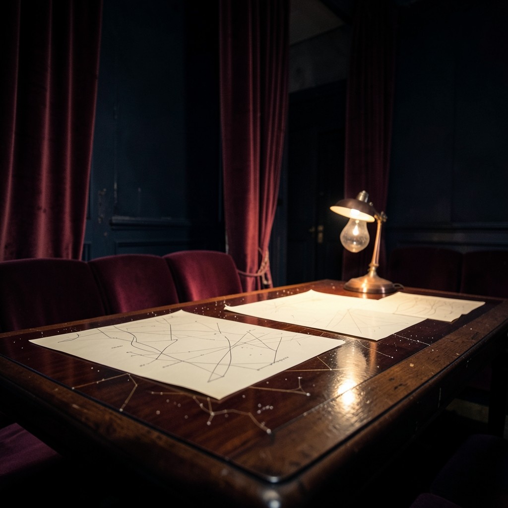 A dim study table in a velvet-lined room, covered with large unmarked paper charts under a copper lamp