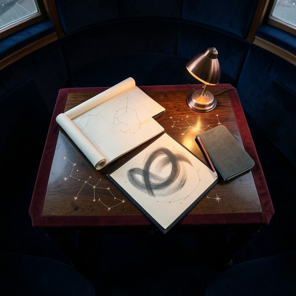 Overhead view of a study desk arranged with chart rolls, a notebook, and a copper lamp