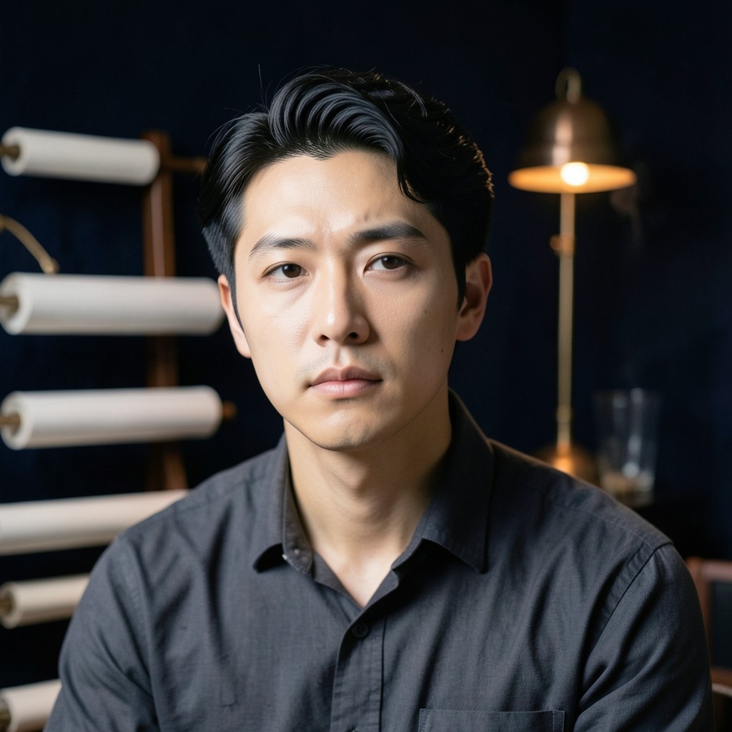 Portrait of a man in his thirties standing by rolled paper charts in low copper light