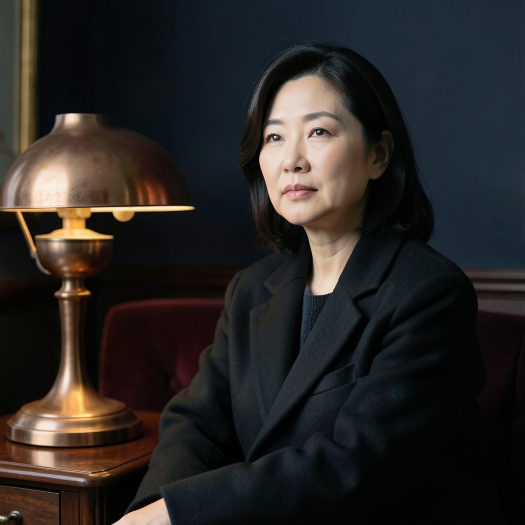 Portrait of a woman in her forties seated beside a copper lamp in a dark velvet room