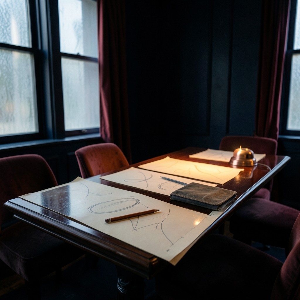 A long study table after a session, with chart sheets left open