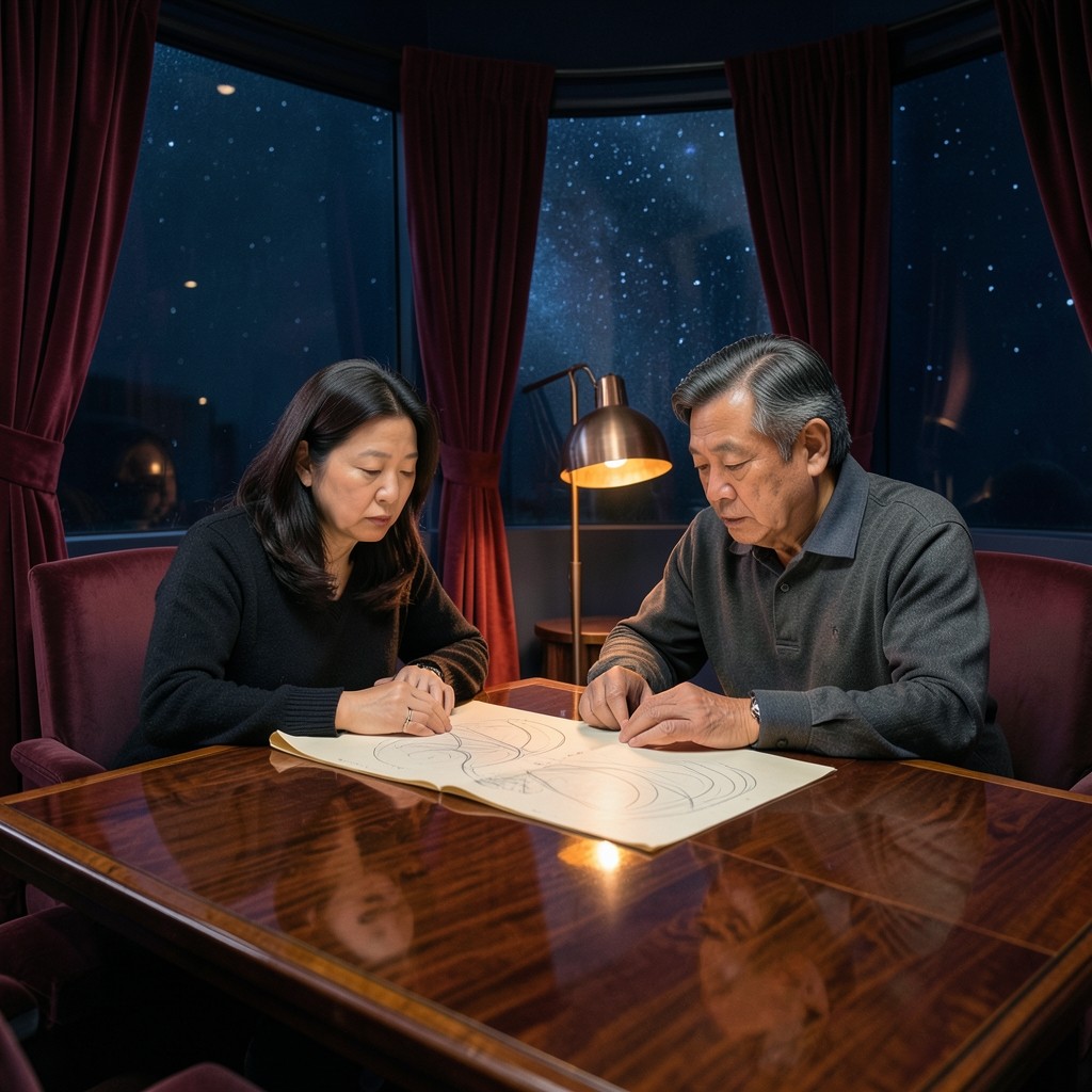 Two adults at a lacquered wood table reviewing large unmarked paper charts under a copper lamp