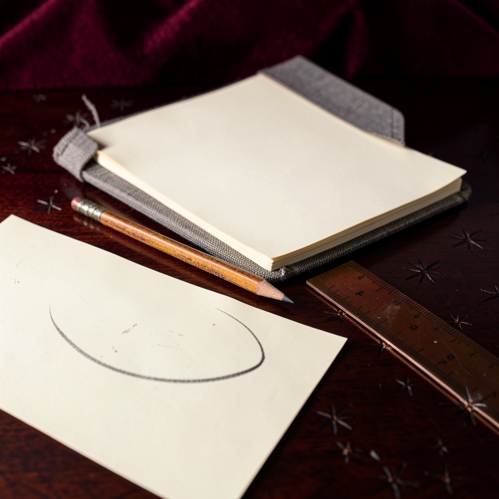 An open cloth notebook, a pencil, and a copper ruler beside an unmarked paper chart