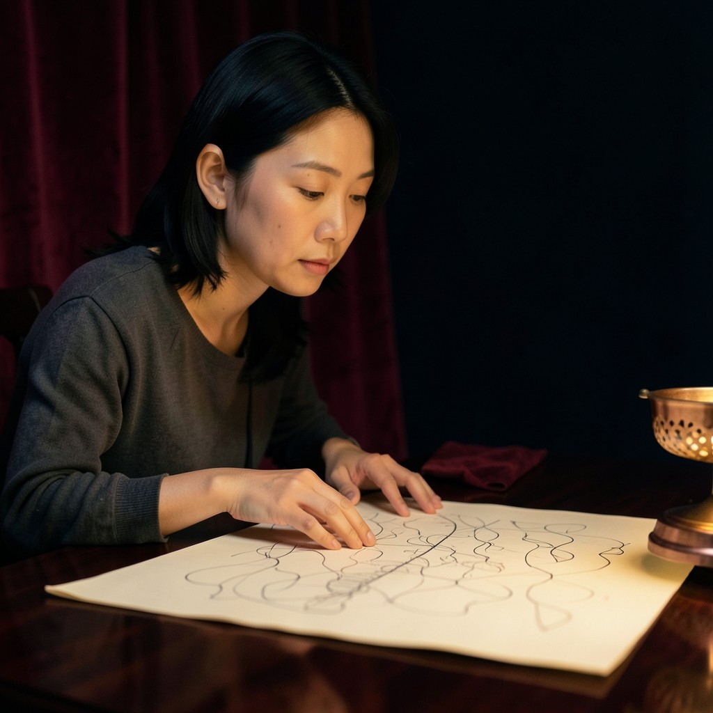 An adult leaning over one large unmarked chart sheet in a dim velvet-lined study